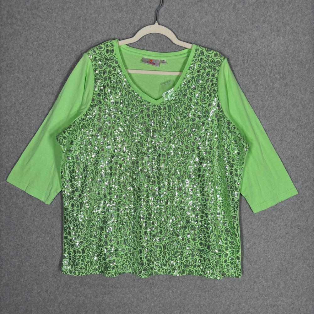 NEW Quacker Factory Floral Sequin Top 1X Lime‎ Green Jersey Knit Stretch Sparkle